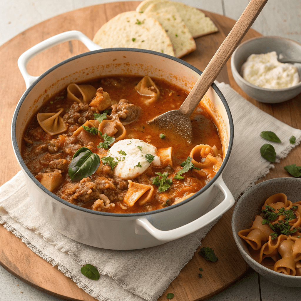Pot of lasagna soup with bowl served alongside
