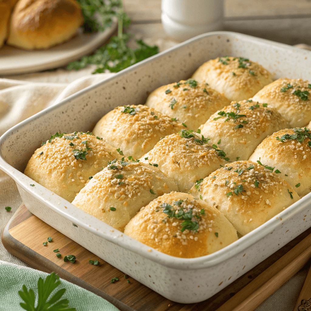 Multiple chicken pillows in a baking dish with golden breadcrumb crust