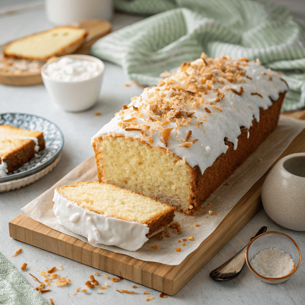 The Best Moist Coconut Loaf Cake Recipe 4 Entire coconut loaf cake topped with glaze and toasted coconut