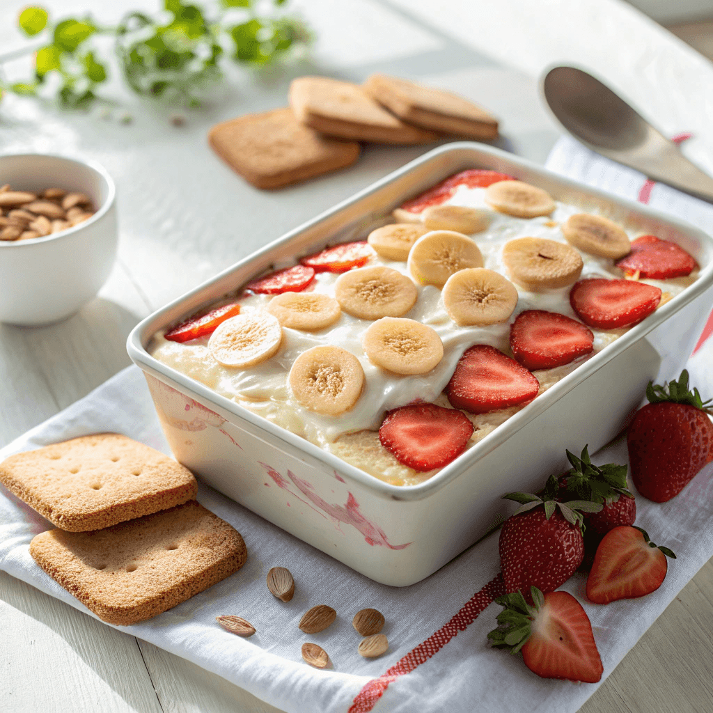 Full dish of strawberry banana pudding topped with strawberries and cookies