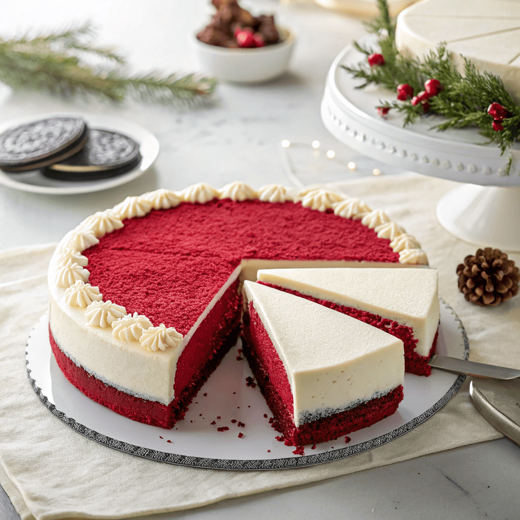Whole red velvet cheesecake topped with white cream and Oreo cookie crust
