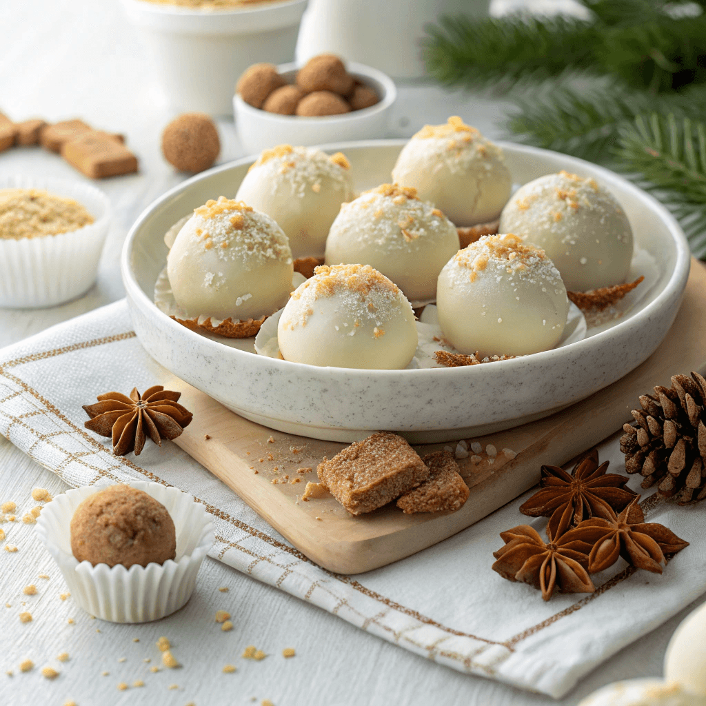 Entire arrangement of white chocolate gingerbread truffles shown in full view