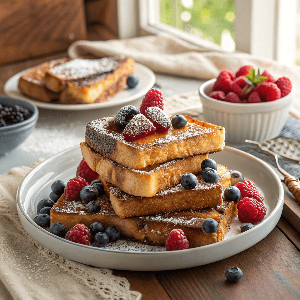 Tray of crème brûlée French toast slices with berries
