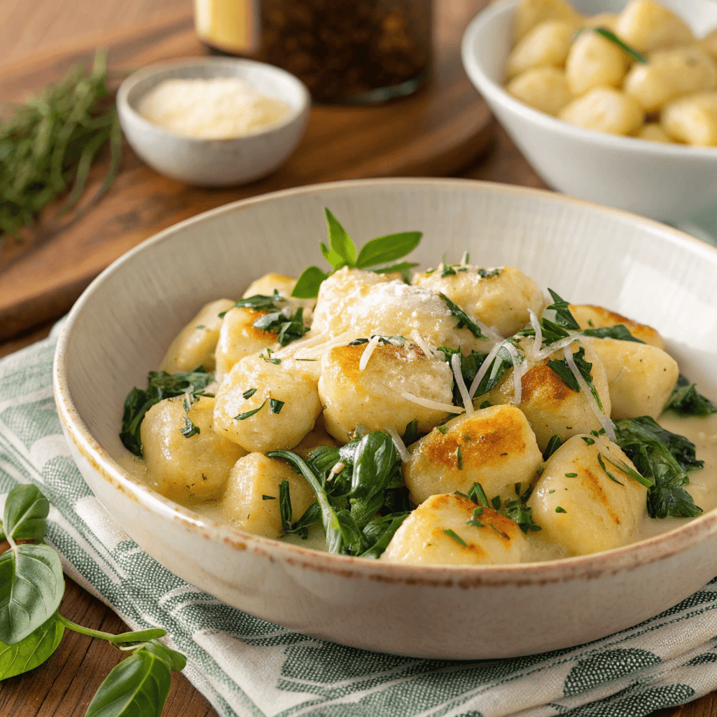 Large bowl of creamy gnocchi with parmesan and herbs