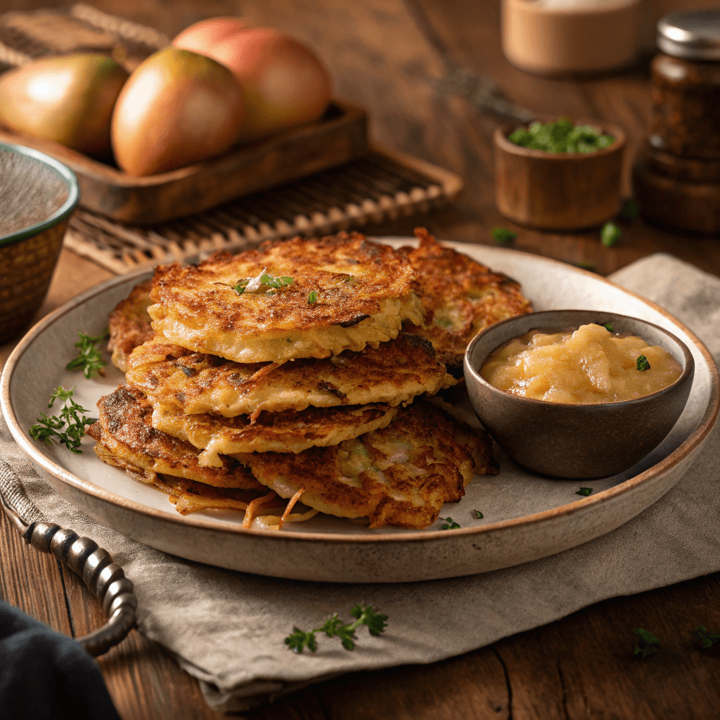 Plate filled with multiple crispy German potato pancakes