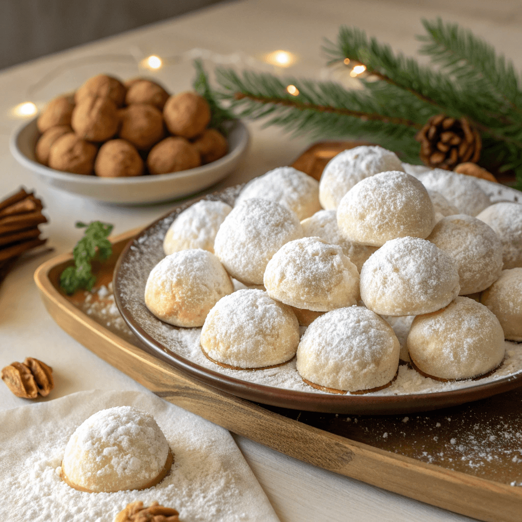 Full serving of almond snowball cookies presented together
