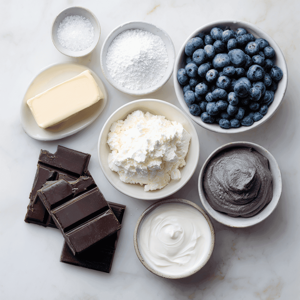 Flat-lay of powdered sugar, butter, blueberry paste, milk, salt, and dark chocolate.