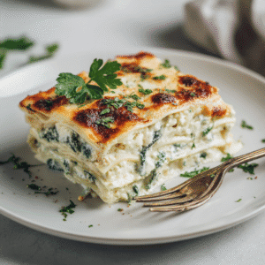 Creamy White Spinach Lasagna: An Easy & Flavorful Casserole 5 A slice of white spinach lasagna served neatly on a plain white plate with soft natural lighting.