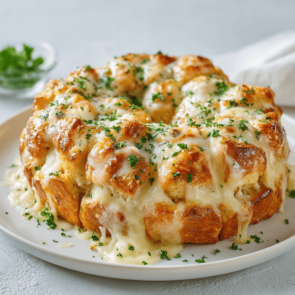 Golden Chicken Alfredo Monkey Bread presented on a white plate with soft natural lighting.