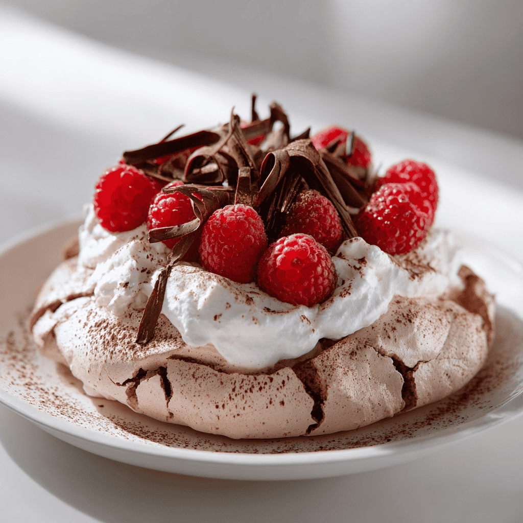Chocolate pavlova on a white plate with whipped cream, fresh raspberries, and chocolate curls.