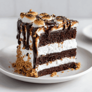 Slice of S’mores cake with chocolate layers and marshmallow frosting on a white plate.