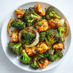 Chicken bites and broccoli served on a white plate.