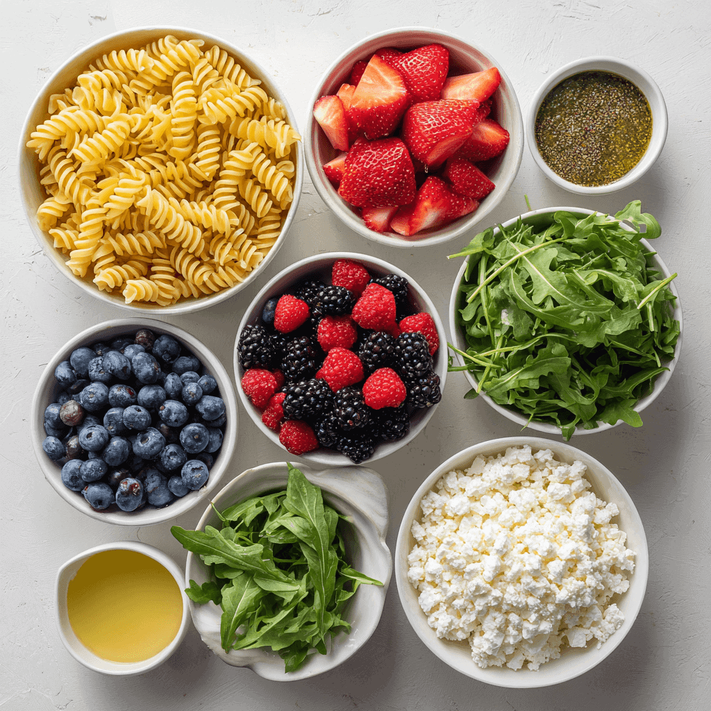 Flat-lay of pasta, berries, arugula, feta, and poppyseed dressing arranged neatly on a surface.