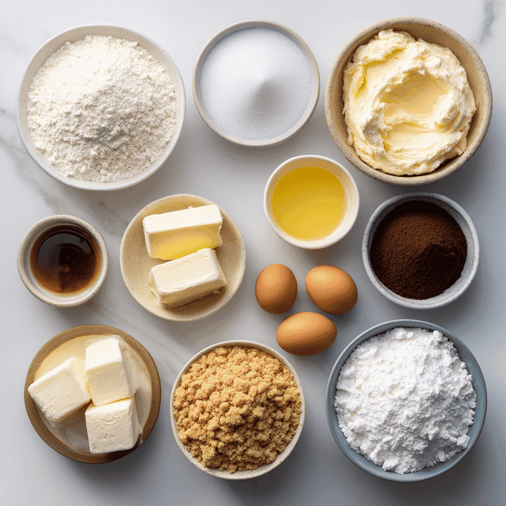 Flat-lay of chocolate cake ingredients, marshmallow frosting ingredients, and graham cracker crumble.