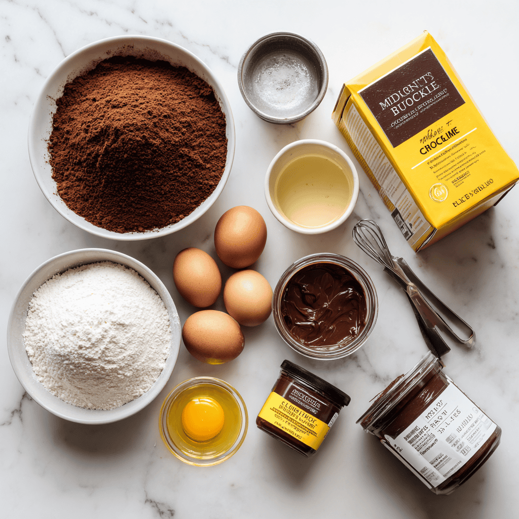 Flat-lay of brownie mix, cake mix, eggs, oil, water, and jar of hot fudge topping for Midnight Fudge Cake.