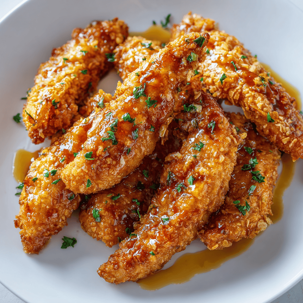 Chicken tenders on a white plate with honey garlic butter glaze.