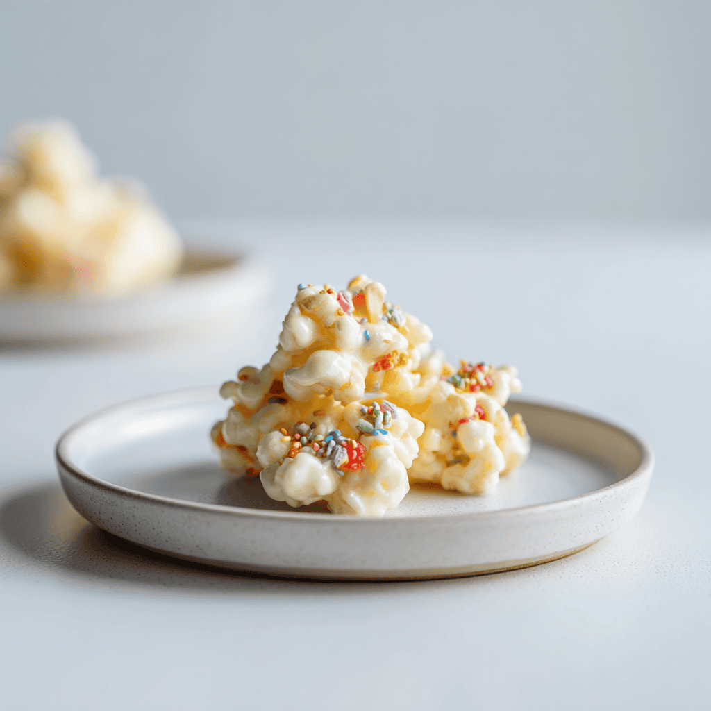 White almond bark–coated puffcorn arranged on a simple white plate.