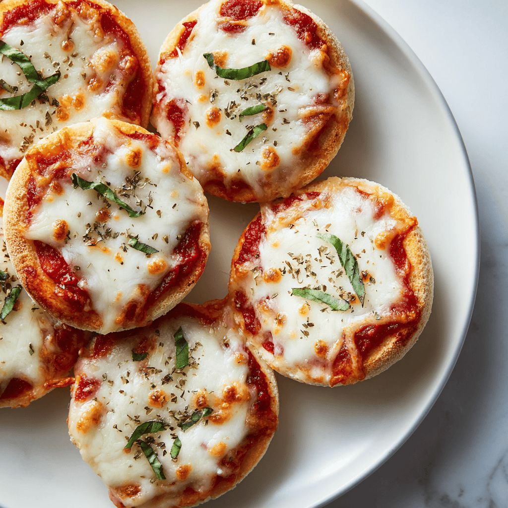 Mini English muffin pizzas displayed on a white plate with melted cheese and sauce.