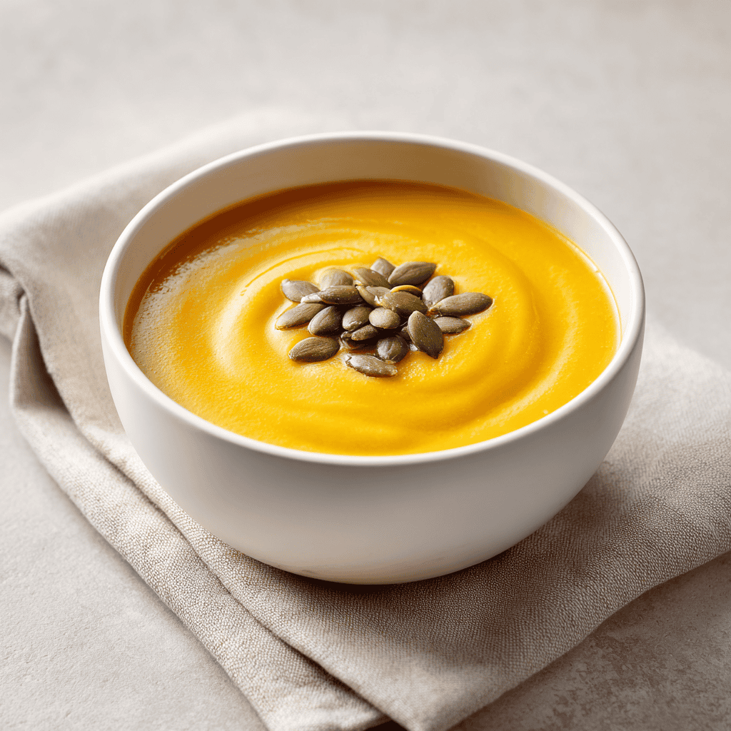 Smooth golden squash soup served in a simple white bowl with pumpkin seed garnish.