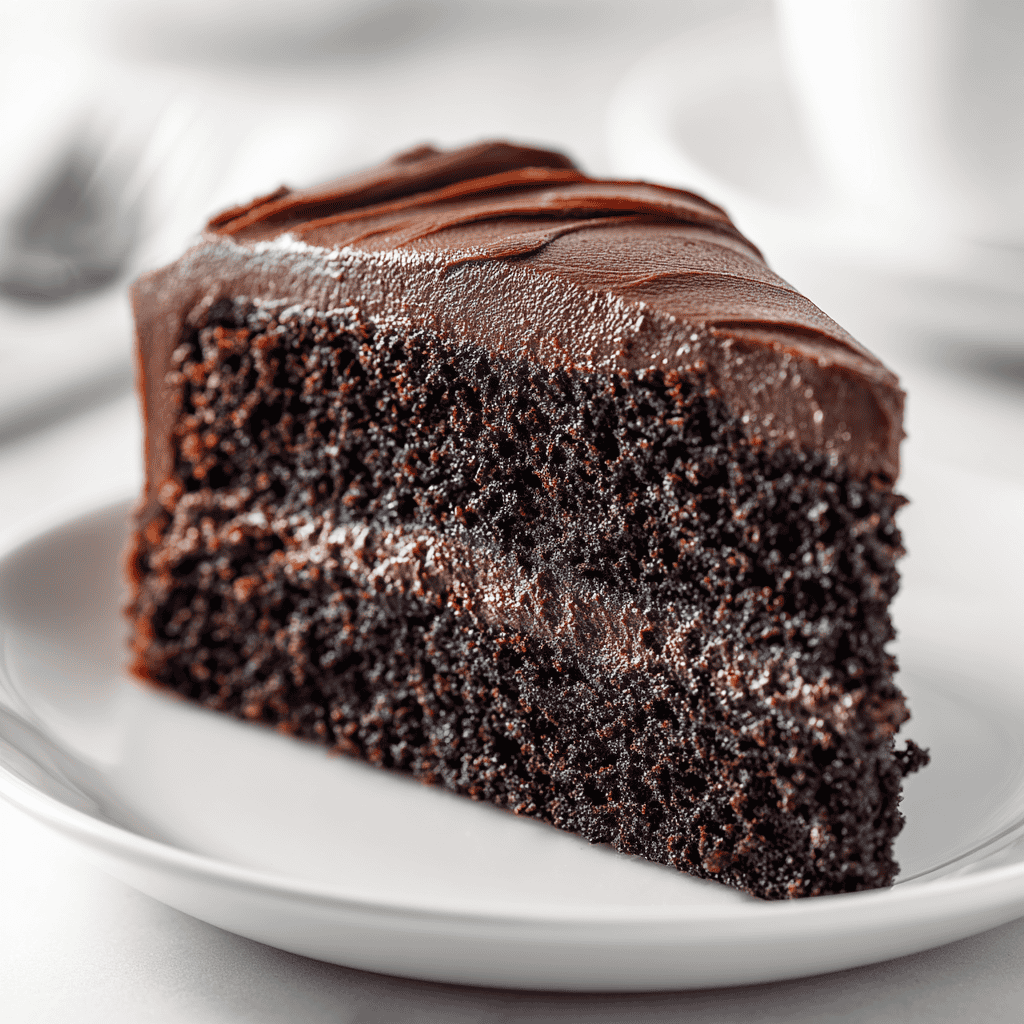 Moist chocolate cake slice with rich frosting served on a white plate.