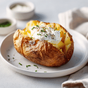 Baked potato on a white plate topped with butter, chives, and pepper.