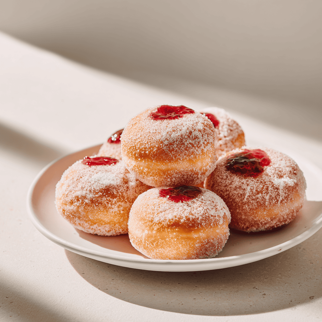 Sugar-coated raspberry donuts arranged on a white plate with bright natural lighting.