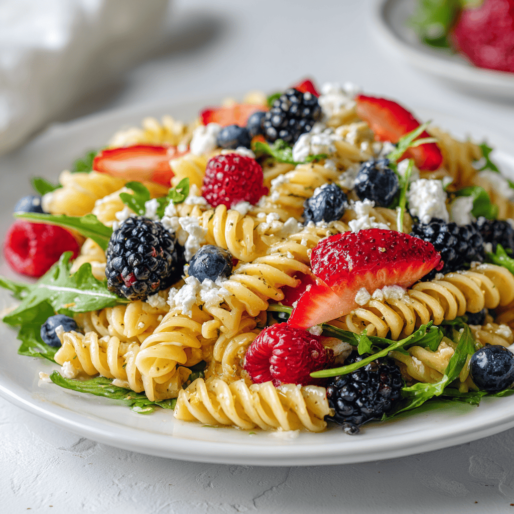 Berry pasta salad served on a white plate with fresh fruit, pasta, and arugula.