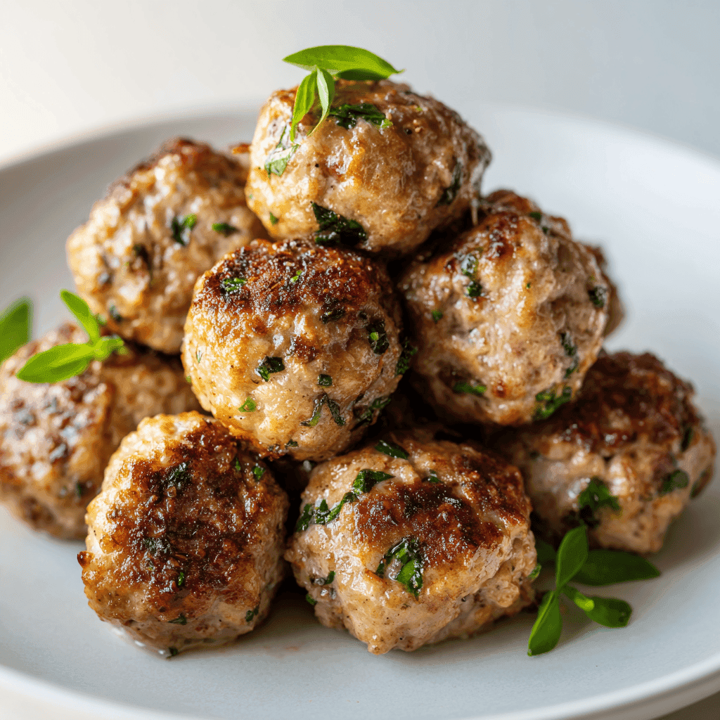 Keto meatballs served on a white plate with herb garnish.