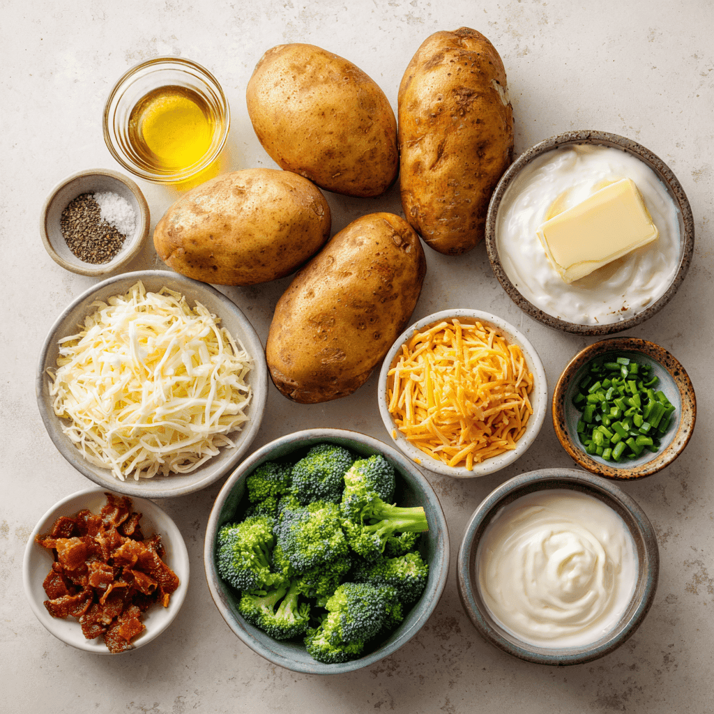 Flat-lay of russet potatoes, oil spray, salt, pepper, and assorted potato toppings.