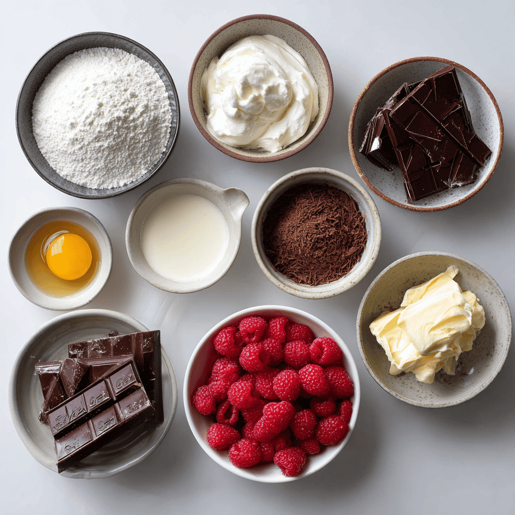 Flat-lay of egg whites, sugar, cocoa, dark chocolate, raspberries, cream, and other pavlova ingredients arranged neatly.
