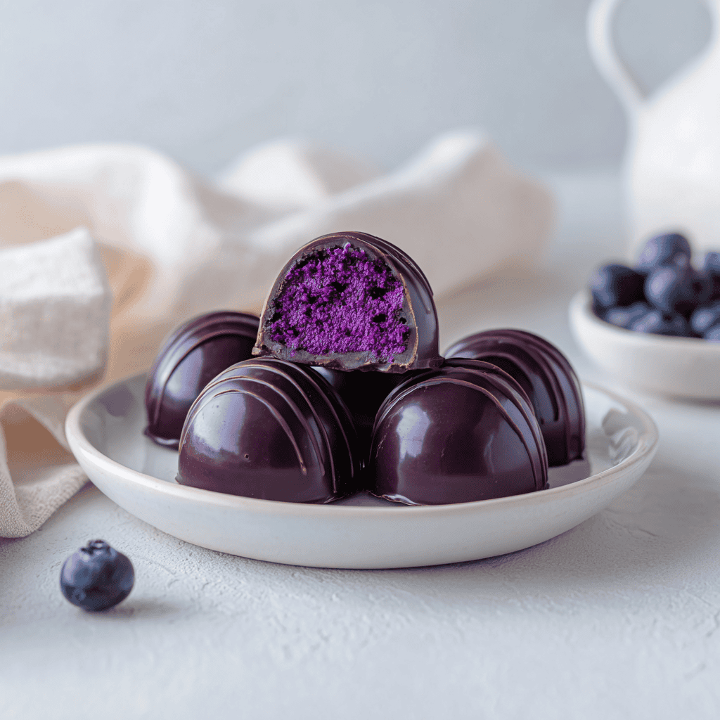 Chocolate blueberry buttercream candies on a white plate with one cut open.