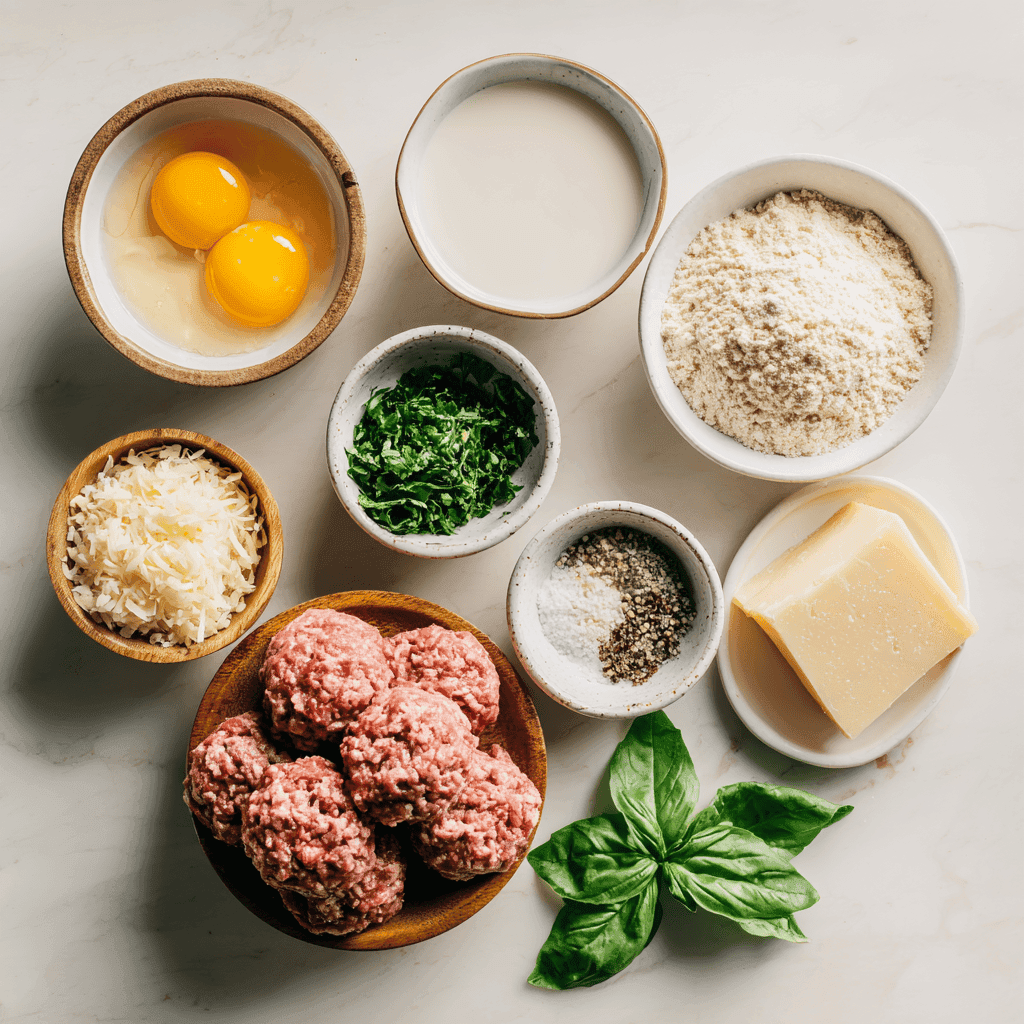 Flat-lay of beef, eggs, herbs, Parmesan, almond flour, and spices arranged neatly for keto meatballs.