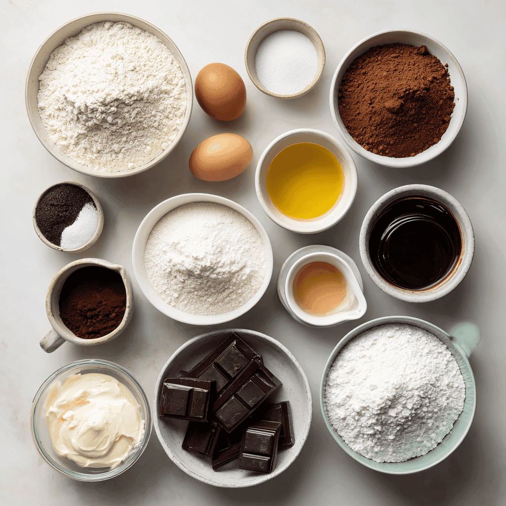 Flat-lay of flour, cocoa, sugars, eggs, sour cream, oil, coffee, and chocolate for a moist chocolate cake.