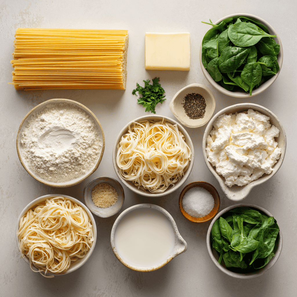 Creamy White Spinach Lasagna: An Easy & Flavorful Casserole 3 Flat-lay of lasagna noodles, spinach, cheeses, milk, butter, garlic, seasonings, and parsley arranged neatly.