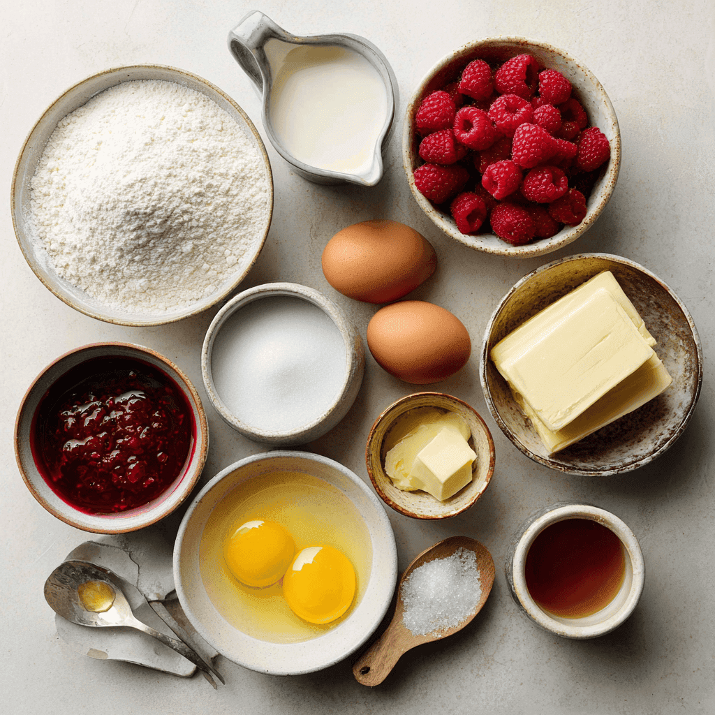 Flat-lay of ingredients for raspberry donuts, including flour, milk, yeast, butter, raspberries, and sugar.