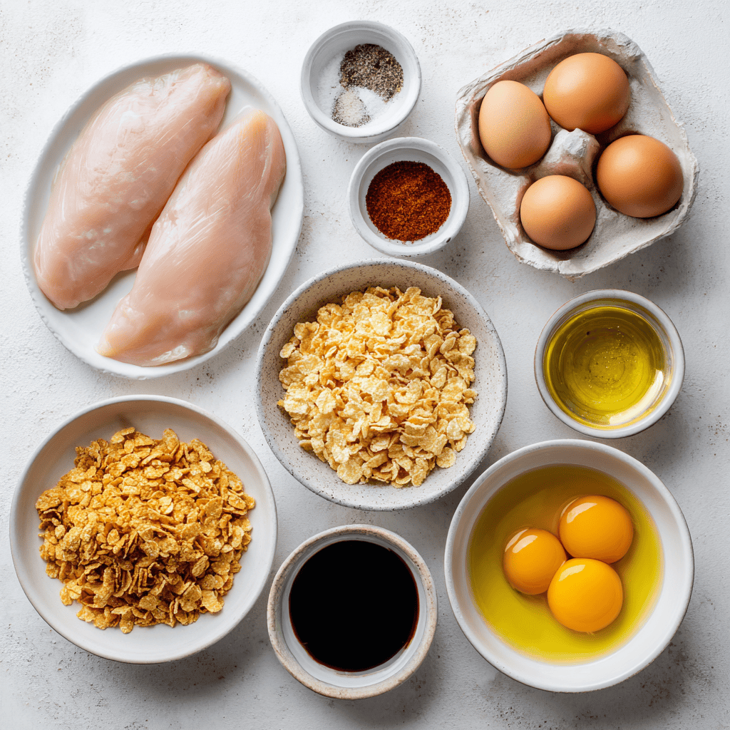Flat-lay of chicken, cornflakes, honey, butter, soy sauce, garlic, eggs, and seasonings.