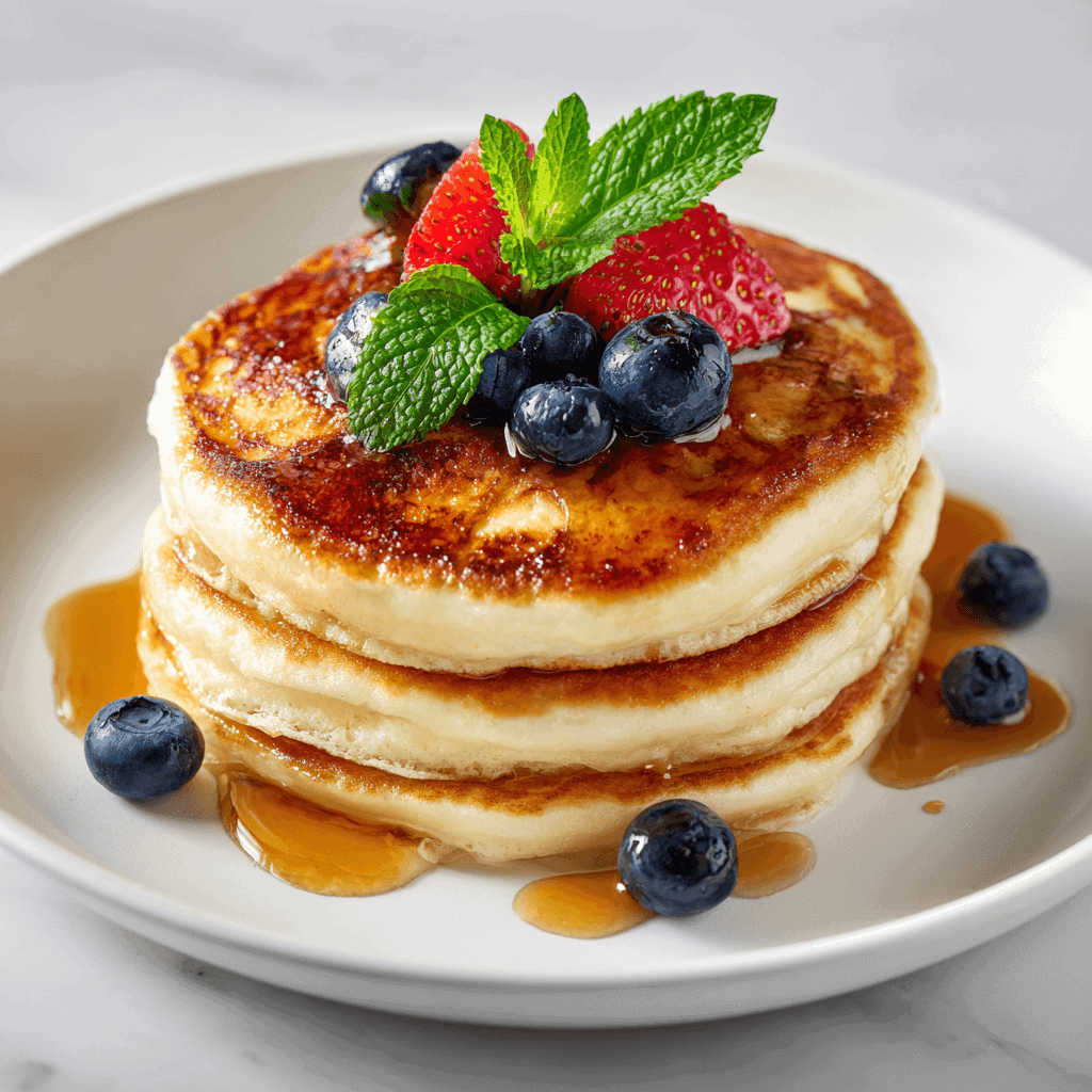Keto pancakes arranged on a white plate with berries and mint.