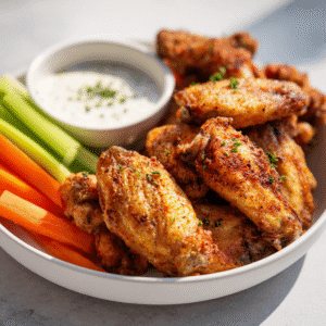 Chicken wings with carrot and celery sticks on a white plate with ranch.