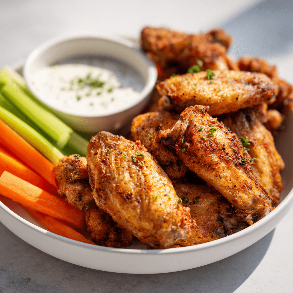 Chicken wings with carrot and celery sticks on a white plate with ranch.