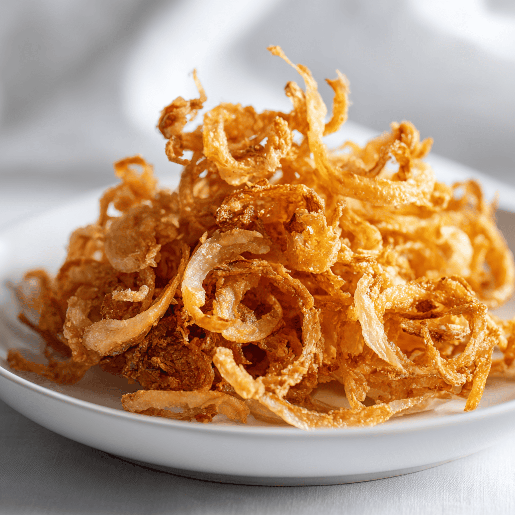 Pile of golden crispy onions served on a white plate.