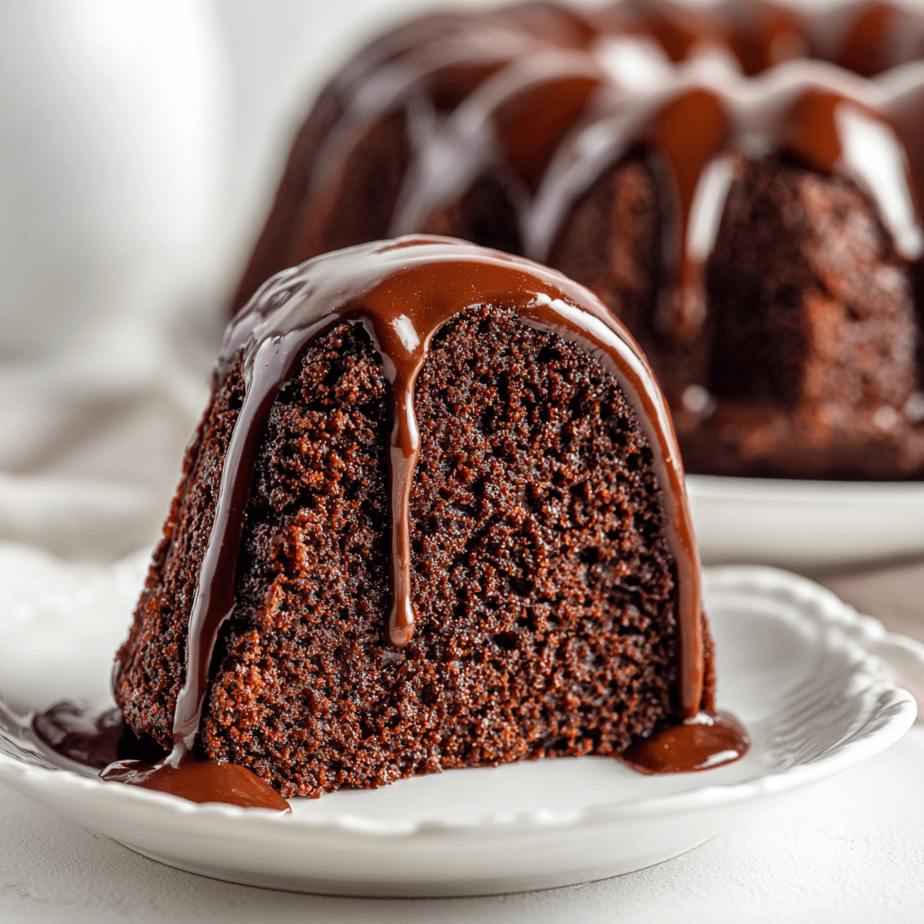 Chocolate fudge bundt cake served on a white plate with glossy chocolate glaze.