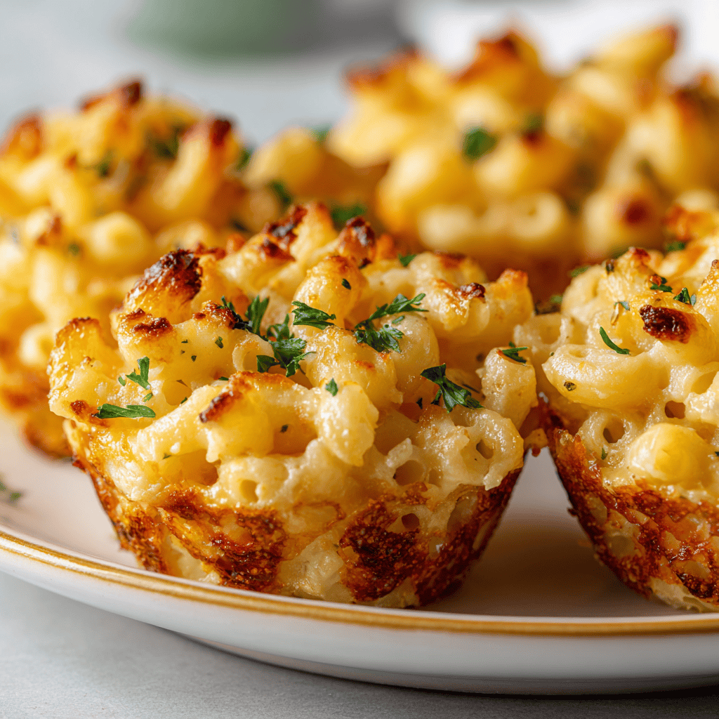Close-up of golden baked mac and cheese cups on a white plate with a gold rim, topped with fresh parsley.