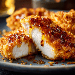 Sliced chicken tender showing juicy inside and crispy honey garlic coating.