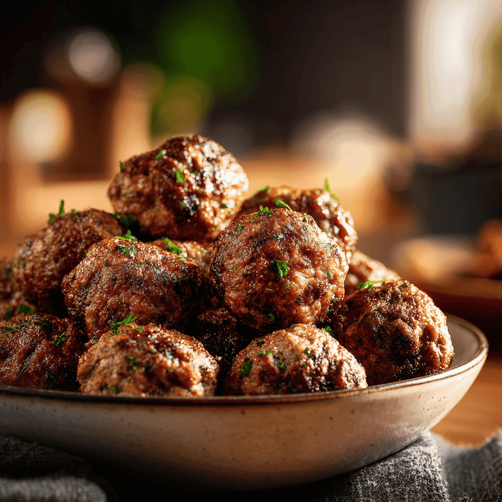 A full bowl of browned keto meatballs with herbs.