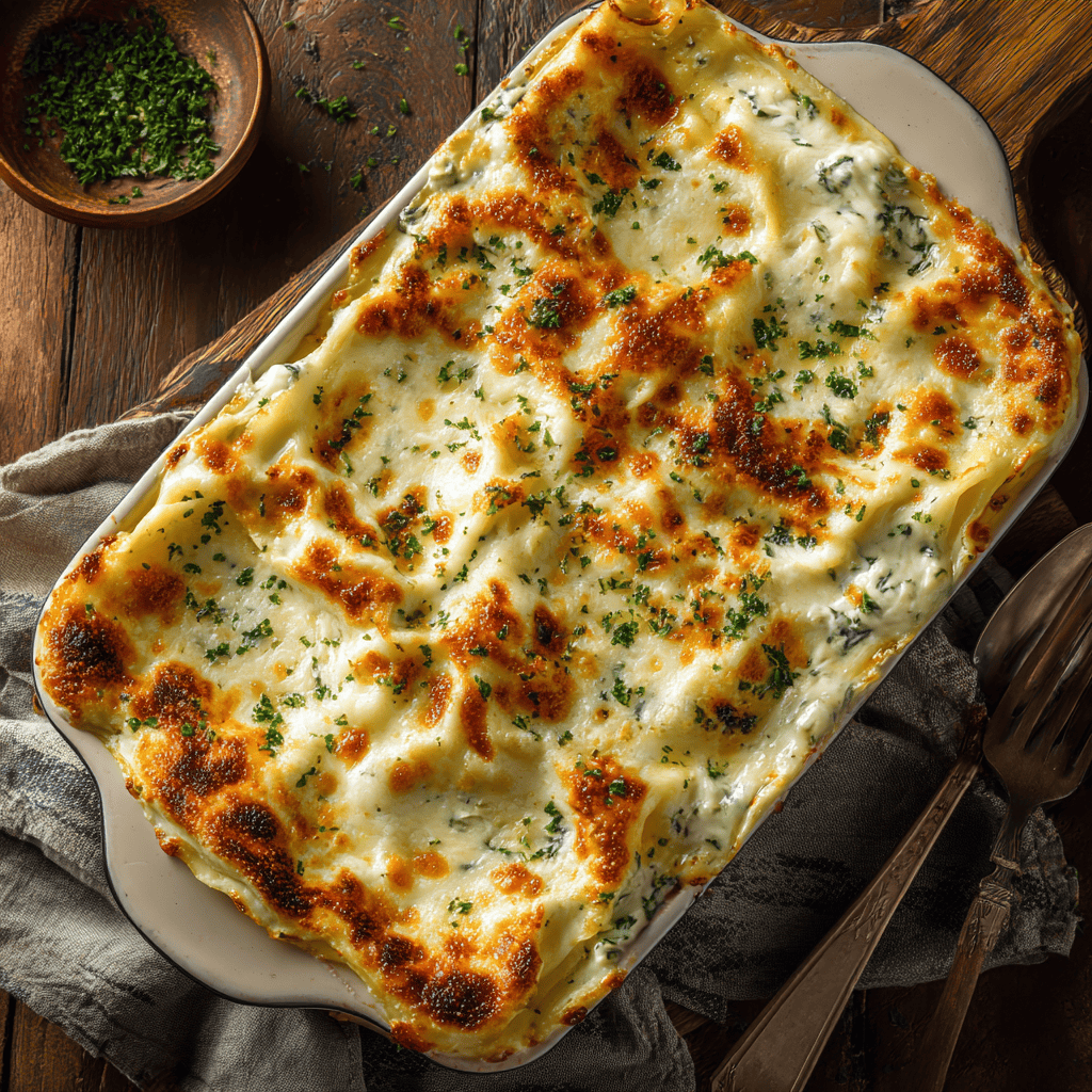 Creamy White Spinach Lasagna: An Easy & Flavorful Casserole 2 Whole baked White Spinach Lasagna in a casserole dish with golden melted cheese on top.