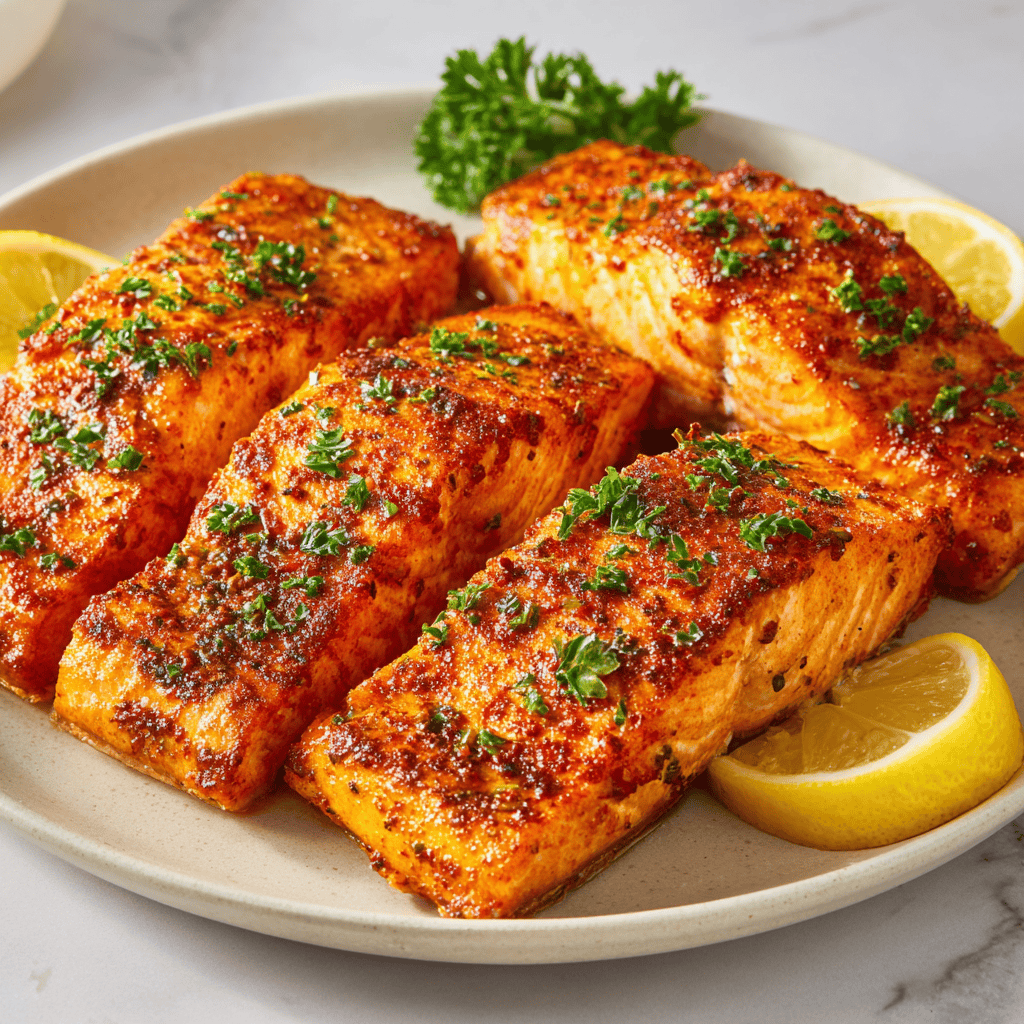 Whole air fryer salmon fillets served with parsley and lemon.
