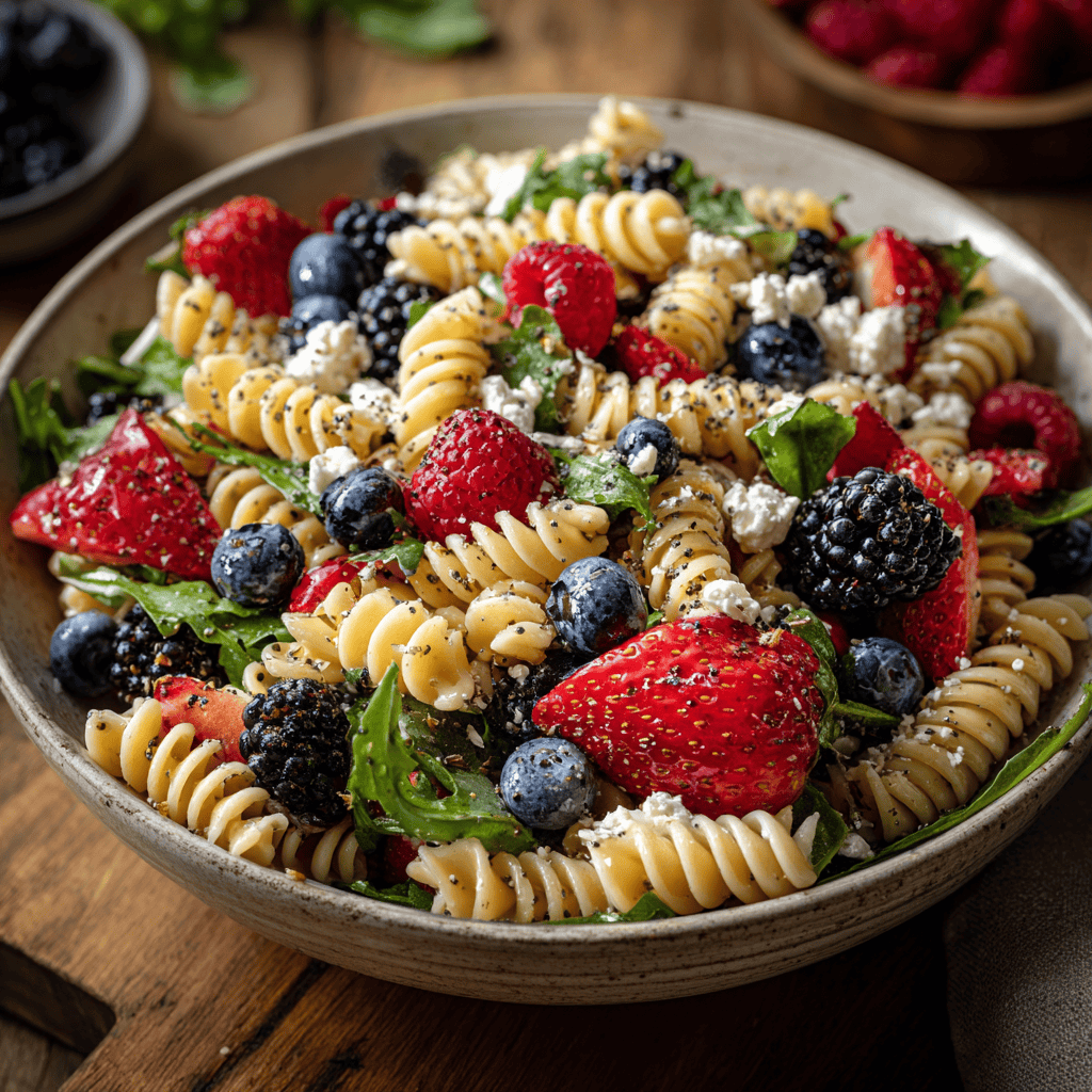 A large bowl filled with berry pasta salad featuring pasta, berries, arugula, and feta.