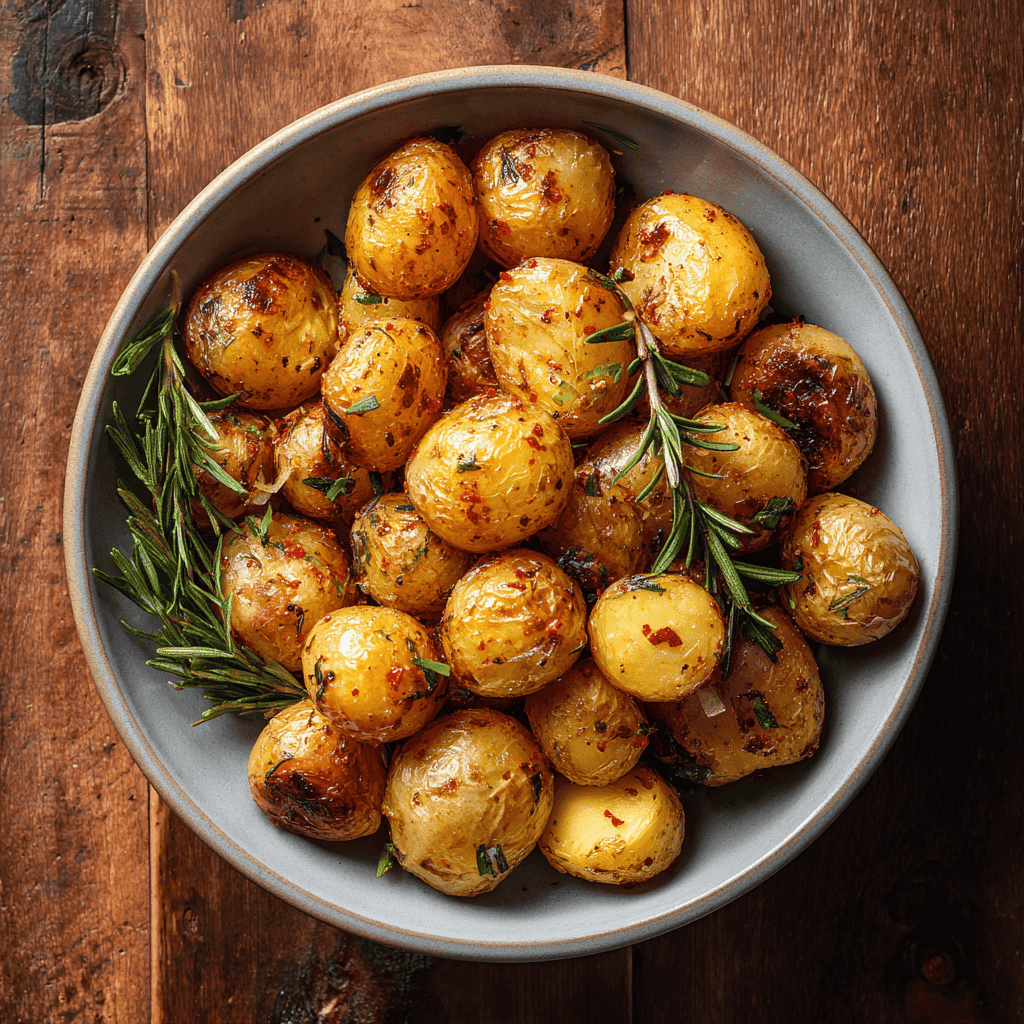 Crispy Air Fryer Baby Potatoes 4 Large bowl filled with golden roasted baby potatoes and rosemary.
