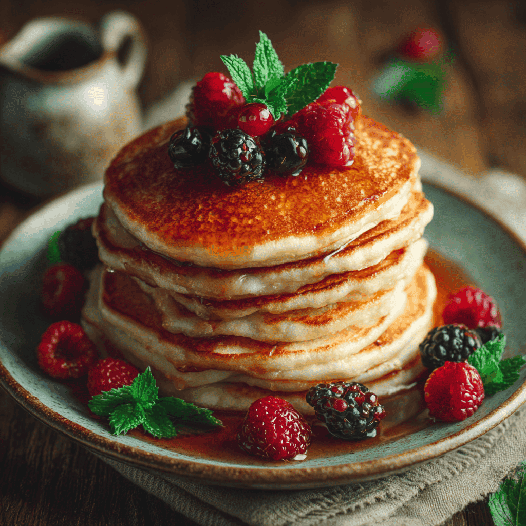 A full serving plate stacked with keto pancakes, topped with berries and syrup.