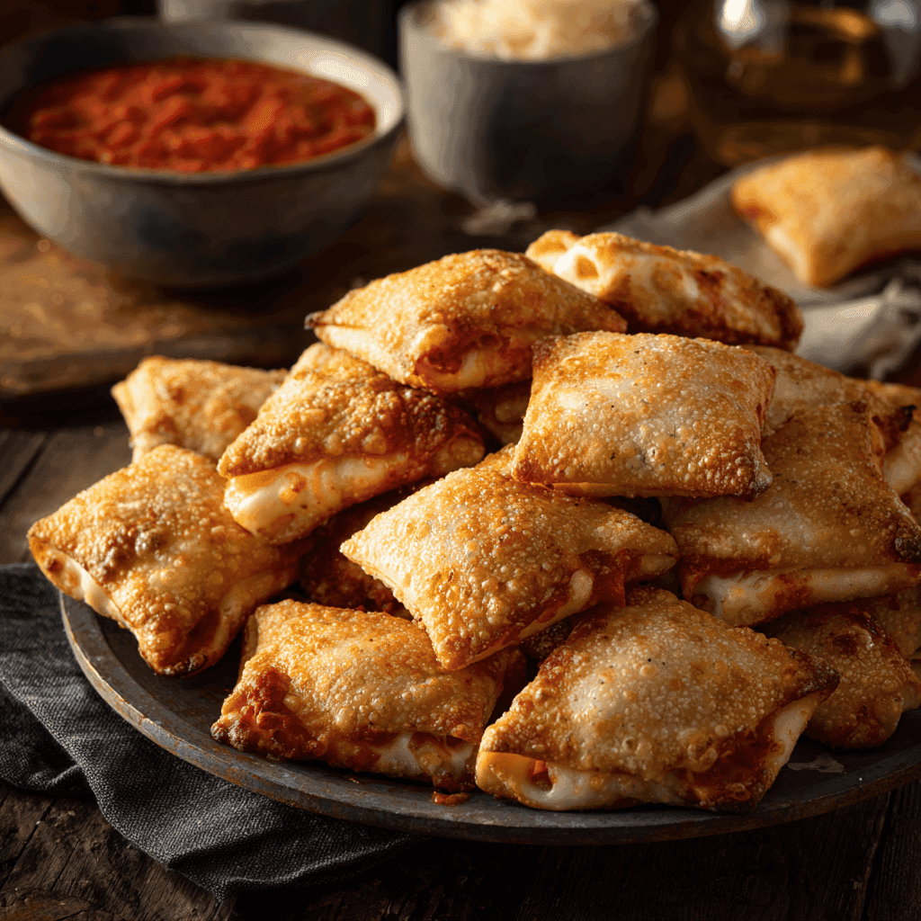 A platter piled high with crispy golden air fryer pizza rolls.